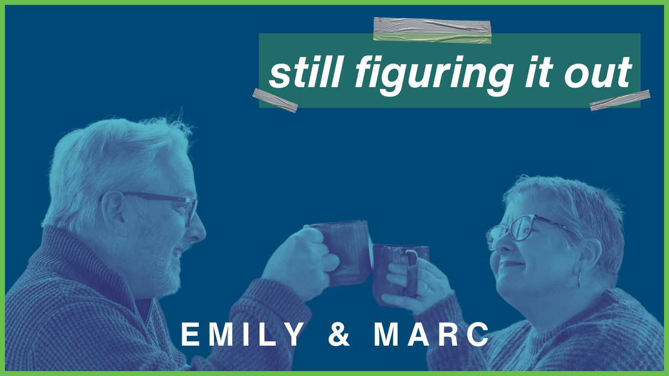 blue picture of Marc and Emily toasting with coffee mugs
